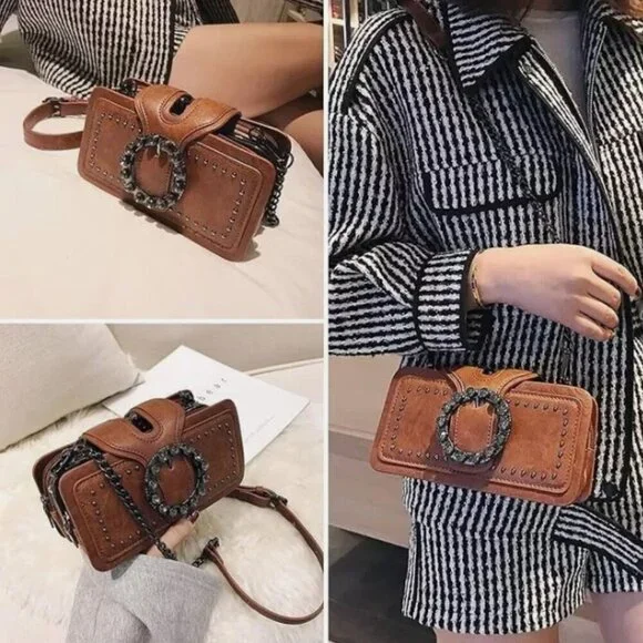 Brown Studded Bag Rhinestone Buckle Chain Crossbody Punk Goth Rocker Purse - Picture 4 of 9